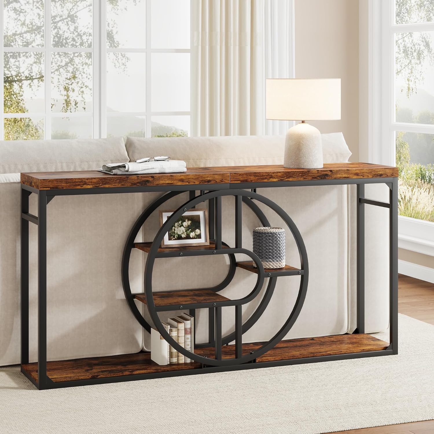 GarveeHome 55" Industrial Entryway Table, 5-Tier Narrow Console Table with o-Shaped Metal Frame, Storage Sofa Table for Living Room, Hallway & Entrance