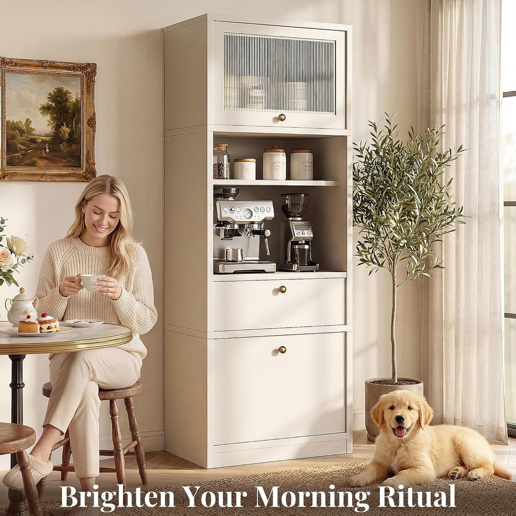 71''Tall Kitchen Pantry Cabinet with Oversized Microwave Shelf & Coffee Station-Tall Extra Deep Storage Hutch, Fluted Acrylic Doors,Adjustable Shelves,Drawers, Anti-Tip,White