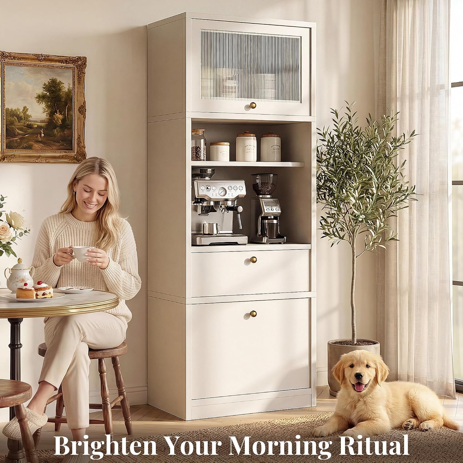 71''Tall Kitchen Pantry Cabinet with Oversized Microwave Shelf & Coffee Station-Tall Extra Deep Storage Hutch, Fluted Acrylic Doors,Adjustable Shelves,Drawers, Anti-Tip,White