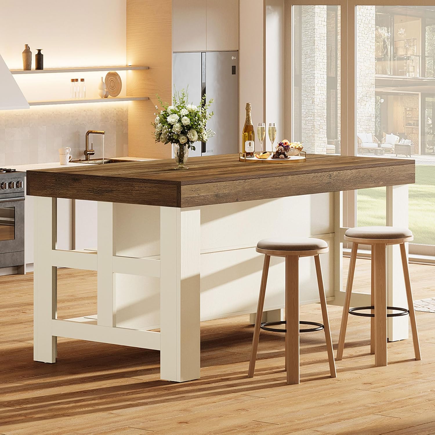Tribesigns Kitchen Island with Seating and Storage Shelves, 55.1-Inch Breakfast Counter Farmhouse Island Table for Kitchen Dining Room (White and Light Brown)