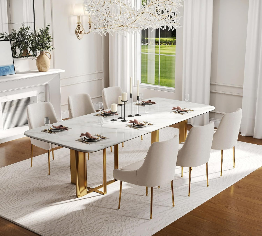 Hyfirm Modern White Dining Room Chairs Set of 2, Upholstered Velvet Dining Chair with Gold Metal Legs Accent Side Chairs for Living Room Kitchen