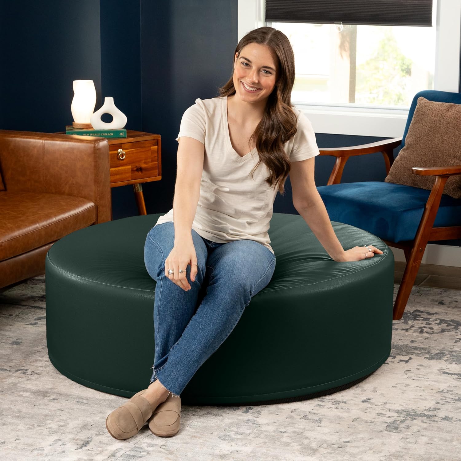Jaxx Candler Round Couch Ottoman – Oversized Giant Coffee Table Ottoman - Versatile Firm Foam Construction - Kid Safe with Removable Cover, 44”, Premium Faux Leather, Hunter Green