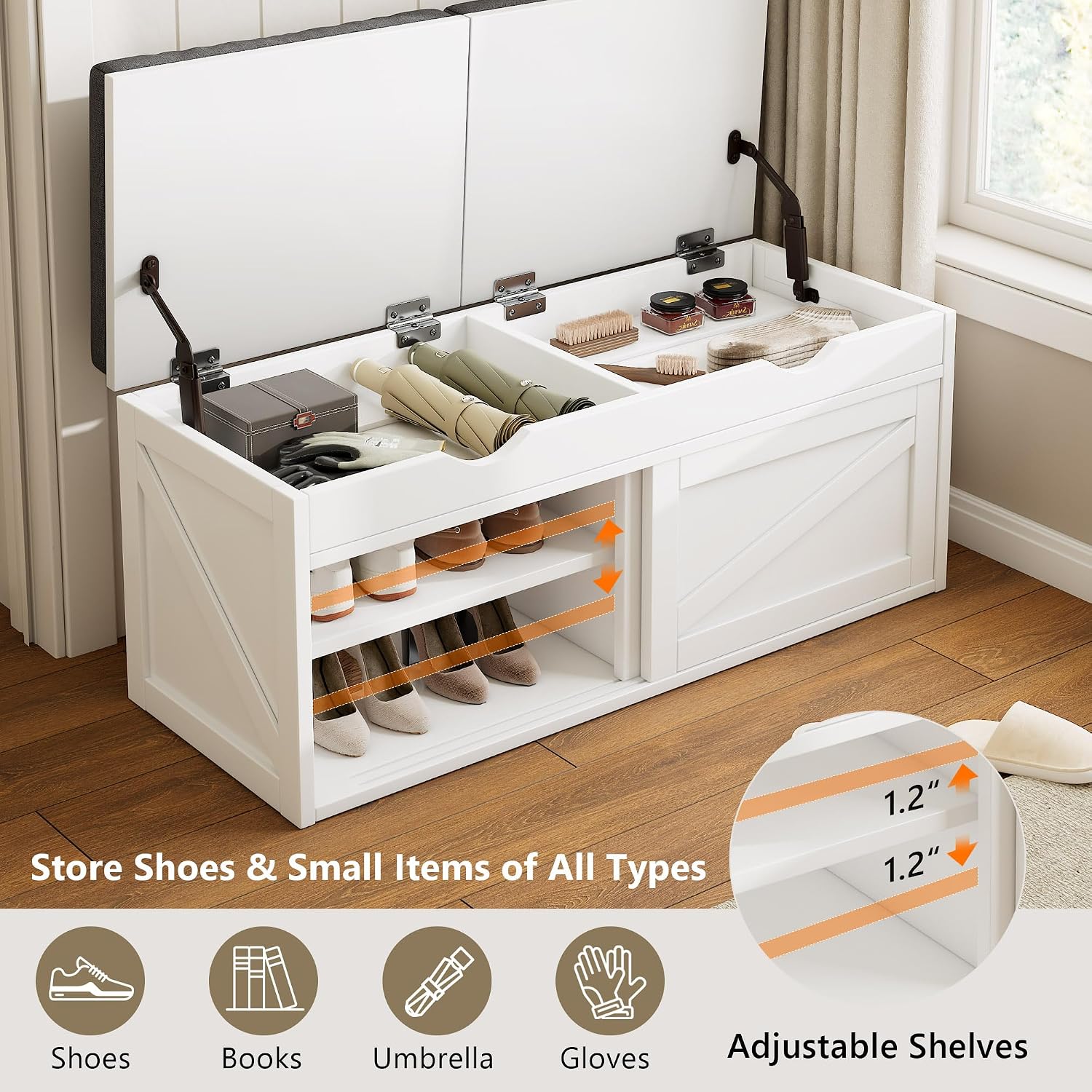 iPormis Shoe Storage Bench,40" Wide 2-Tier Shoe Bench with Padded Seat Cushion and Lift Top Storage,Entryway Bench with Adjustable Shelf,Wooden End of Bed Bench,White