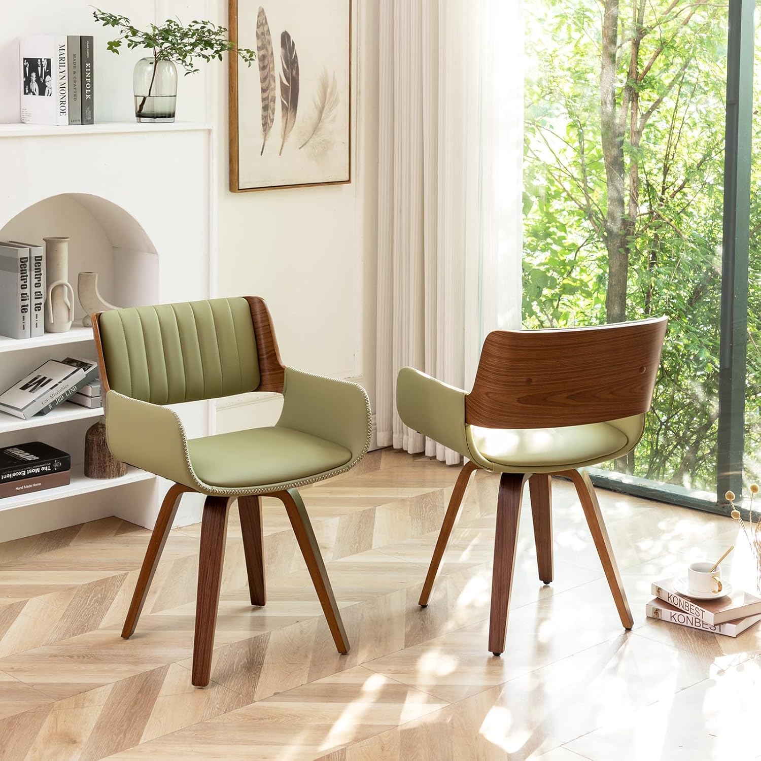 LUNLING Swivel Accent Faux Leather Dining Chairs Set of 2 Mid Century Modern Chairs with Wooden Legs/Armrest/Upholstered Seat/Adjustable Foots for Kitchen Dining Room Desk Chairs Green