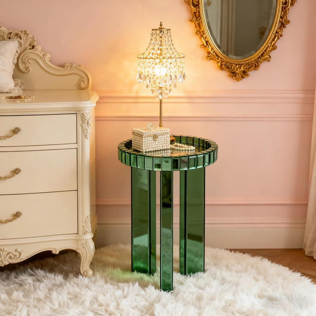 SHYFOY Green Mirrored End Table, 23" H Round Glass Side Table with Three Legs, Modern Accent Table for Living Room, Bedroom, or Entryway
