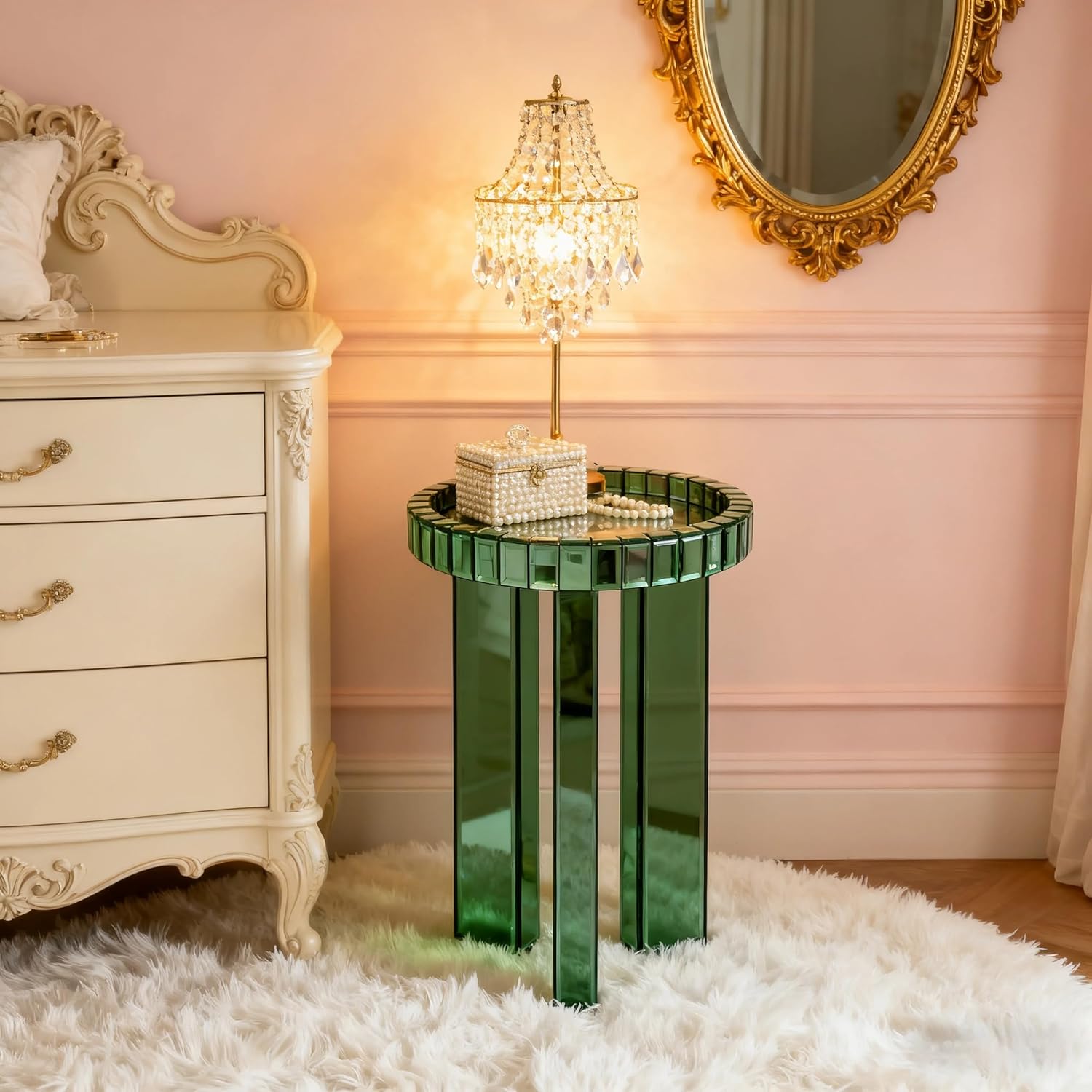 SHYFOY Green Mirrored End Table, 23" H Round Glass Side Table with Three Legs, Modern Accent Table for Living Room, Bedroom, or Entryway