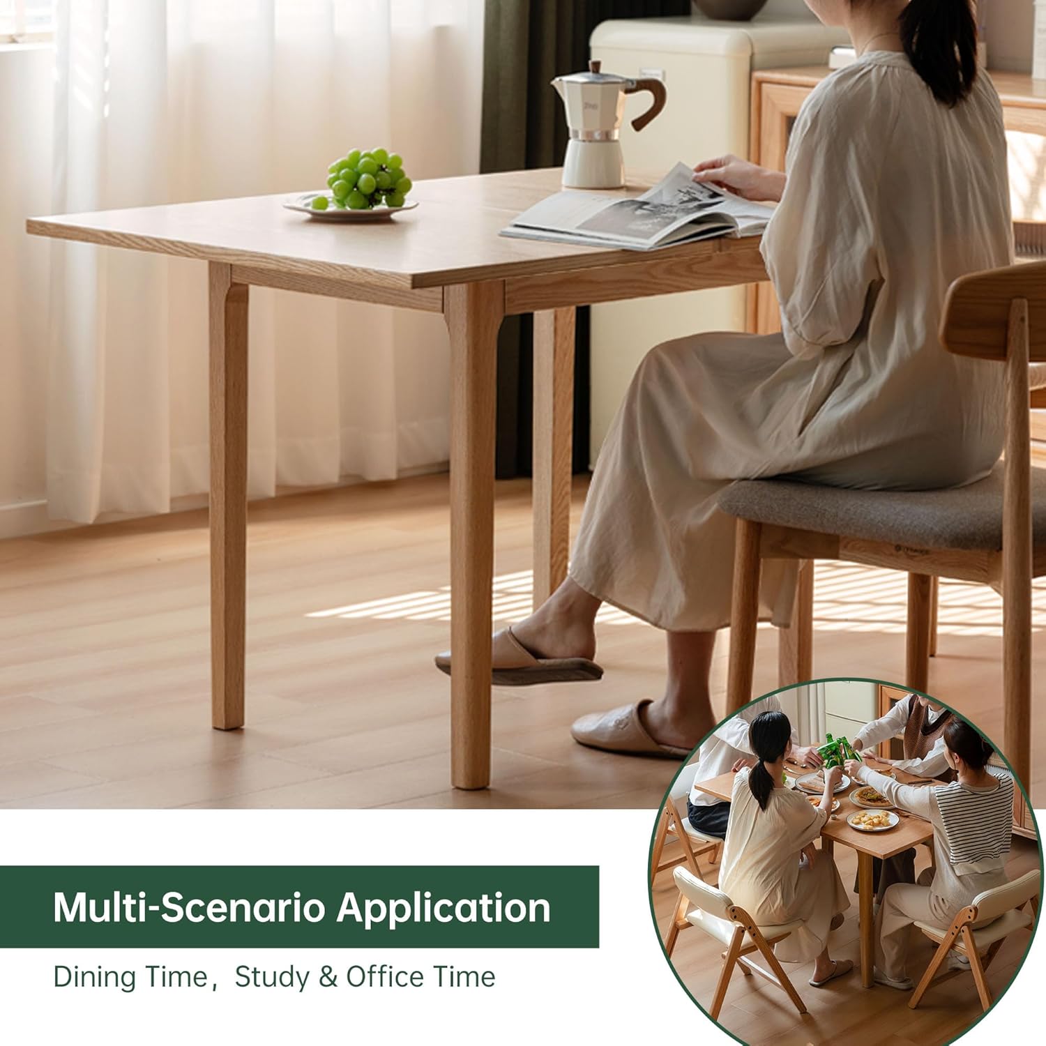 31"-47" Foldable Dining Table and Chairs Set for 4, Solid Wood Extendable Kitchen Table with Oak Wood Legs, Space-Saving Dinner Tables for Living Room, Kitchen(Original, 1table+4cushion chairs-YA)