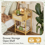 Bamboo Nightstand, Boho Side Table with Drawer and Open Shelf, 3 Tier End Table, Bedside Table, Accent Table, Small Dresser for Bedroom, Dorm and Small Spaces, Natural