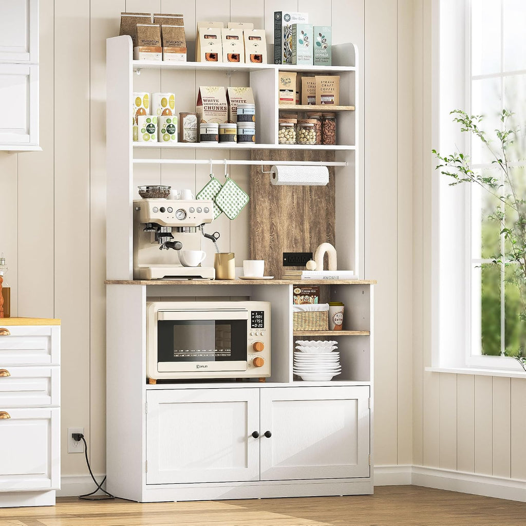 71" Kitchen Pantry Storage Cabinet, Microwave Stand with Storage & Bakers Rack with Power Outlet and Countertop for Living Room, Dining Room, White
