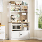 71" Kitchen Pantry Storage Cabinet, Microwave Stand with Storage & Bakers Rack with Power Outlet and Countertop for Living Room, Dining Room, White