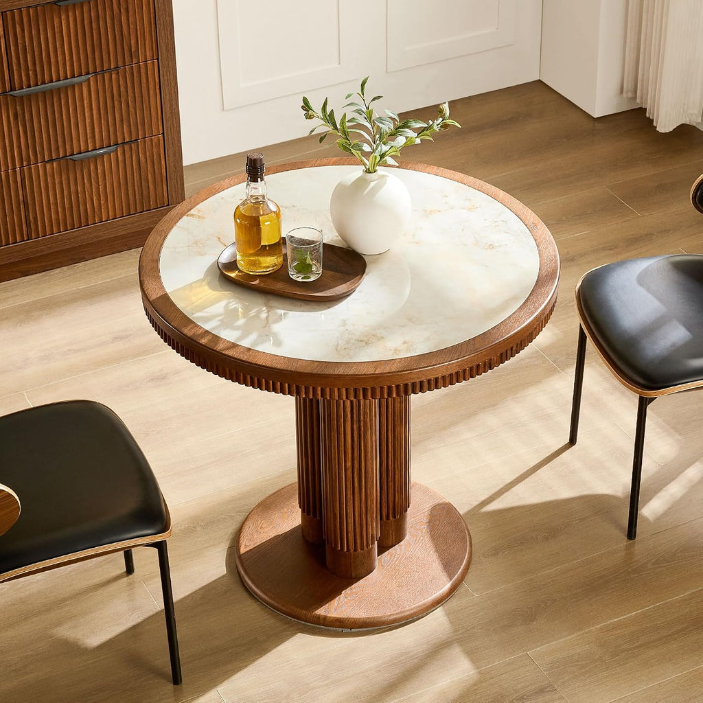 33.07 inch Mid-Century Round Dining Table for 2-4 People, 9mm Sintered Stone Recessed Tabletop, Solid Wood Reinforced MDF Frame, Compact Circular Bistro Table for Kitchen Dining Room