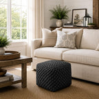 Casafield Square Pouf Ottoman, Black - 18.5" W x 18.5" D x 14.5" H Cotton Knit Foot Stool - Boho Floor Pouffe for Living Room, Bedroom, Home Office