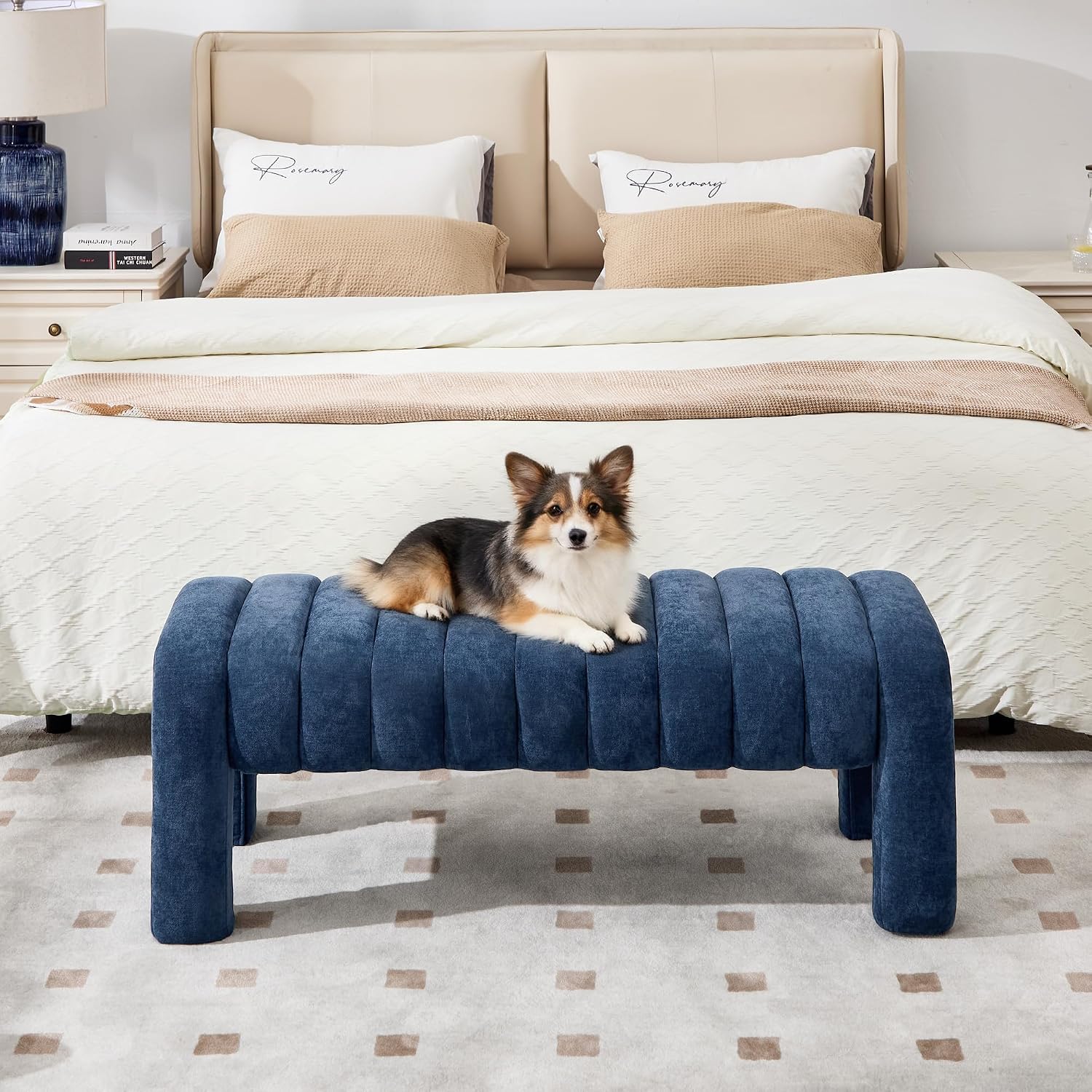 43’’ Bedroom Bench, Upholstered End of Bed Bench with Solid Wood Legs, Modern Small Dining Bench with Full Covered Fabrics for Entryway, Bedroom, Living Room (Blue, Chenille)