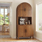 76" Tall Arched Kitchen Pantry, Large Kitchen Storage Cabinet with Fluted Doors and Microwave Stand, Modern Wood Buffet Sideboard, Adjustable Shelves, Cupboard for Dining Room, Living Room, Walnut