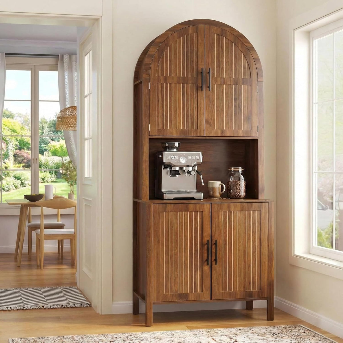 76" Tall Arched Kitchen Pantry, Large Kitchen Storage Cabinet with Fluted Doors and Microwave Stand, Modern Wood Buffet Sideboard, Adjustable Shelves, Cupboard for Dining Room, Living Room, Walnut