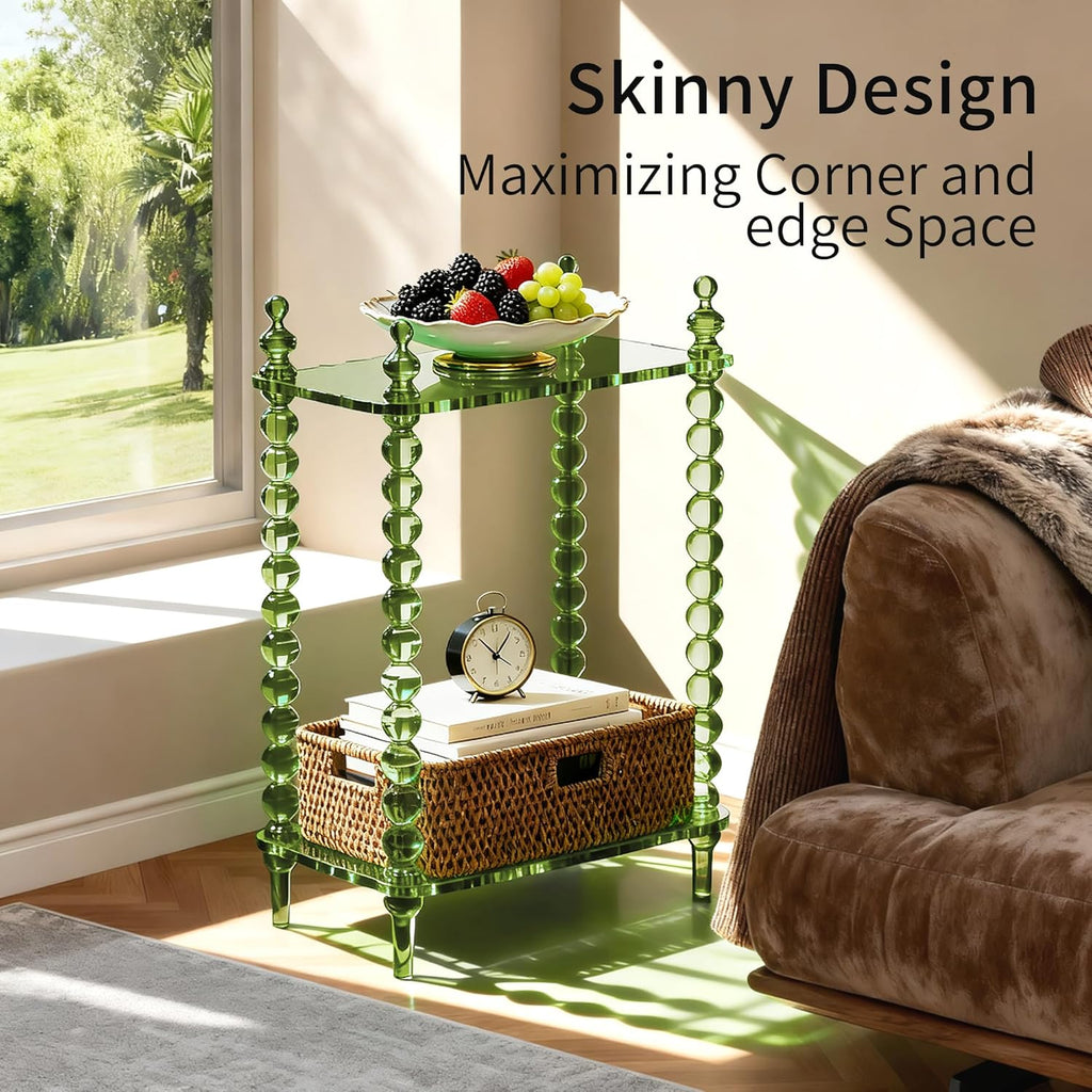 Acrylic Side Table 2-Tier, Clear Nightstand with Storage, Narrow Bedside End Table for Small Spaces (Green, 20.6"×10.4“×26”)
