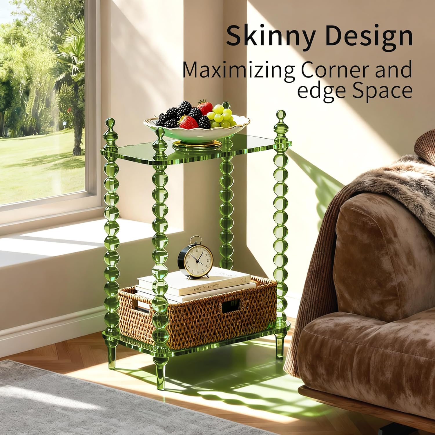 Acrylic Side Table 2-Tier, Clear Nightstand with Storage, Narrow Bedside End Table for Small Spaces (Green, 20.6"×10.4“×26”)