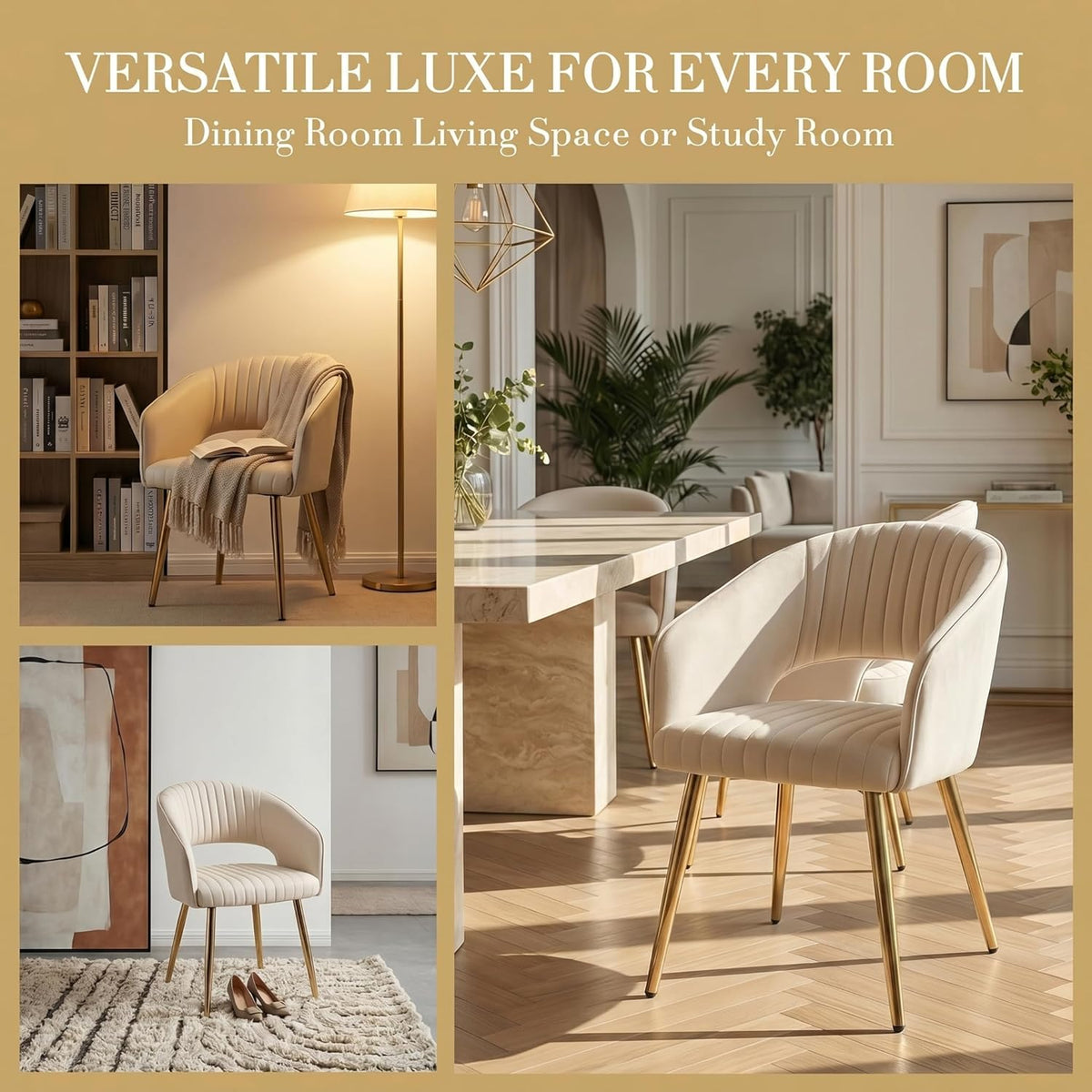 Modern Dining Chairs Set of 4, Upholstered PU Leather Dining Room Chairs with Gold Metal Legs, Accent Kitchen Chairs with Curved Backrest for Living Room, Cream
