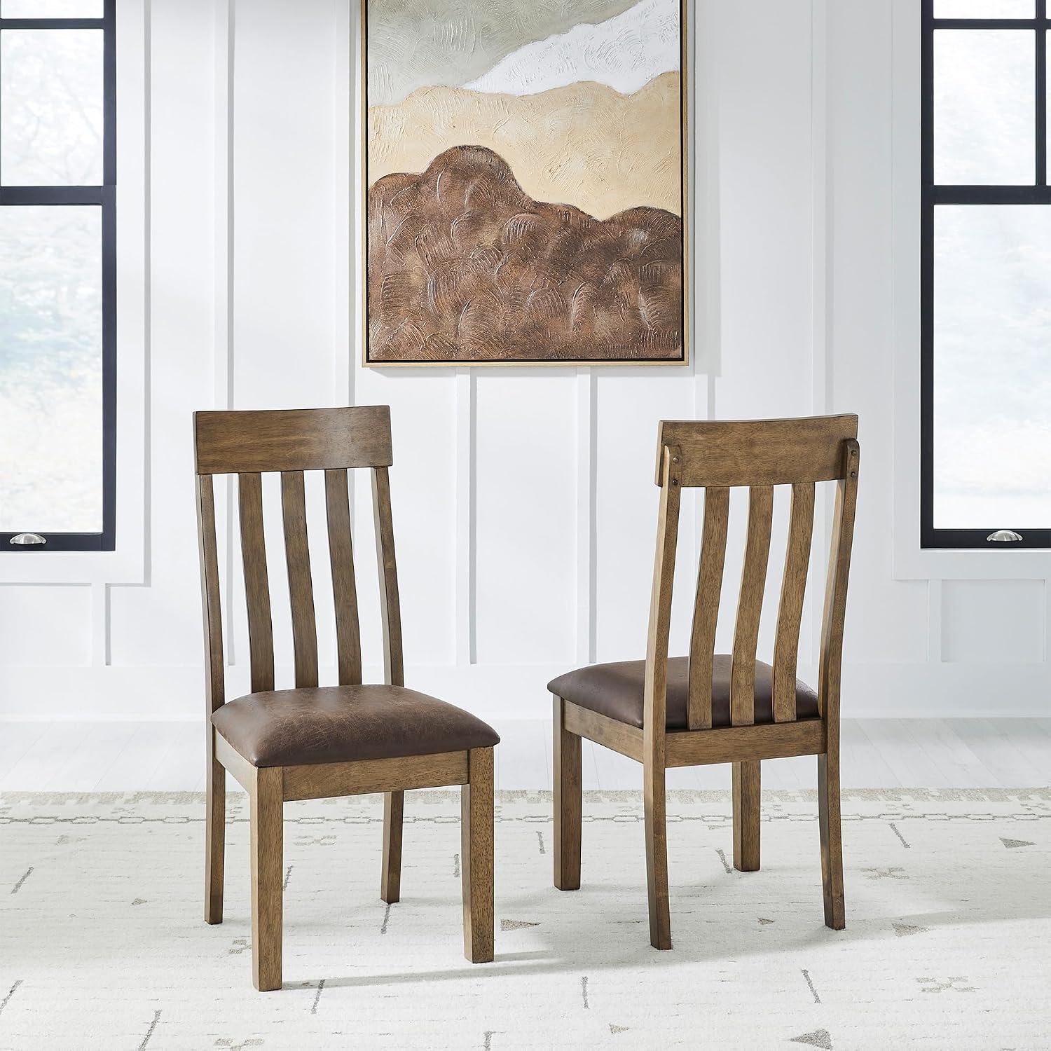 Signature Design by Ashley Vallister Dining Chairs Set of 2, Light Brown | Solid wood frame, Combination of leather and faux leather, Rustic dining room chairs, Slat back design, 250 lb capacity