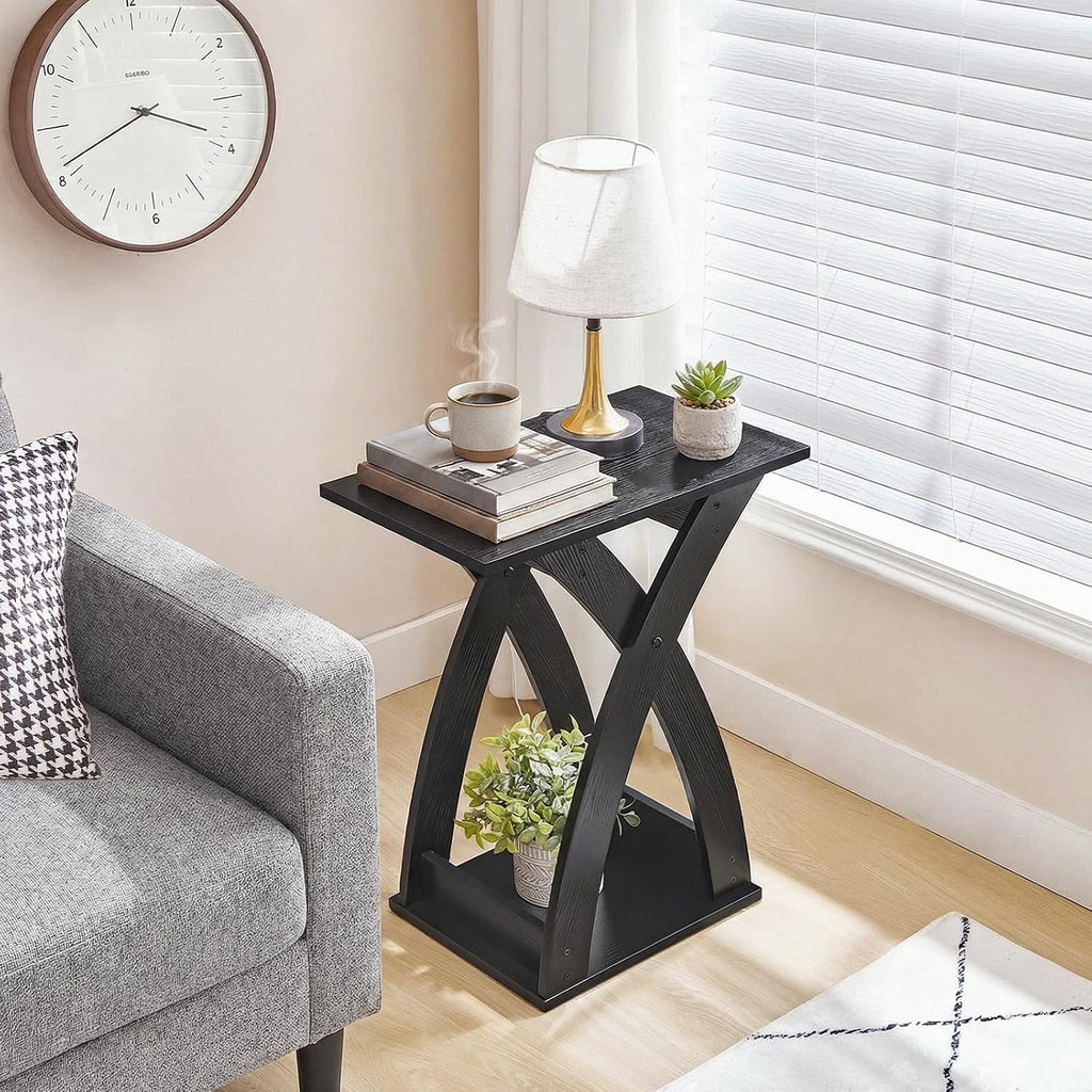 HOOBRO End Table Living Room, Narrow Side Table for Small Spaces, Black 3 Tier End Table with Storage Shelf, X-Design Slim Nightstand Bedside Table, Living Room, Bedroom, Black BK356BZ01N1