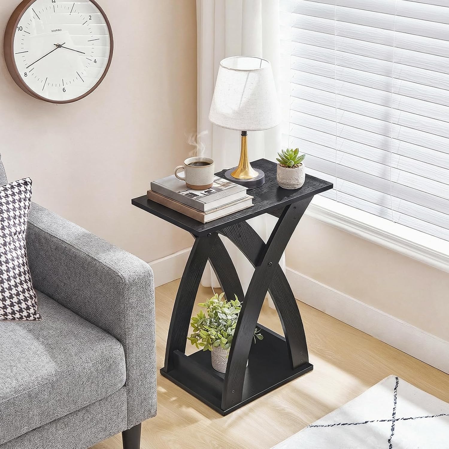 HOOBRO End Table Living Room, Narrow Side Table for Small Spaces, Black 3 Tier End Table with Storage Shelf, X-Design Slim Nightstand Bedside Table, Living Room, Bedroom, Black BK356BZ01N1