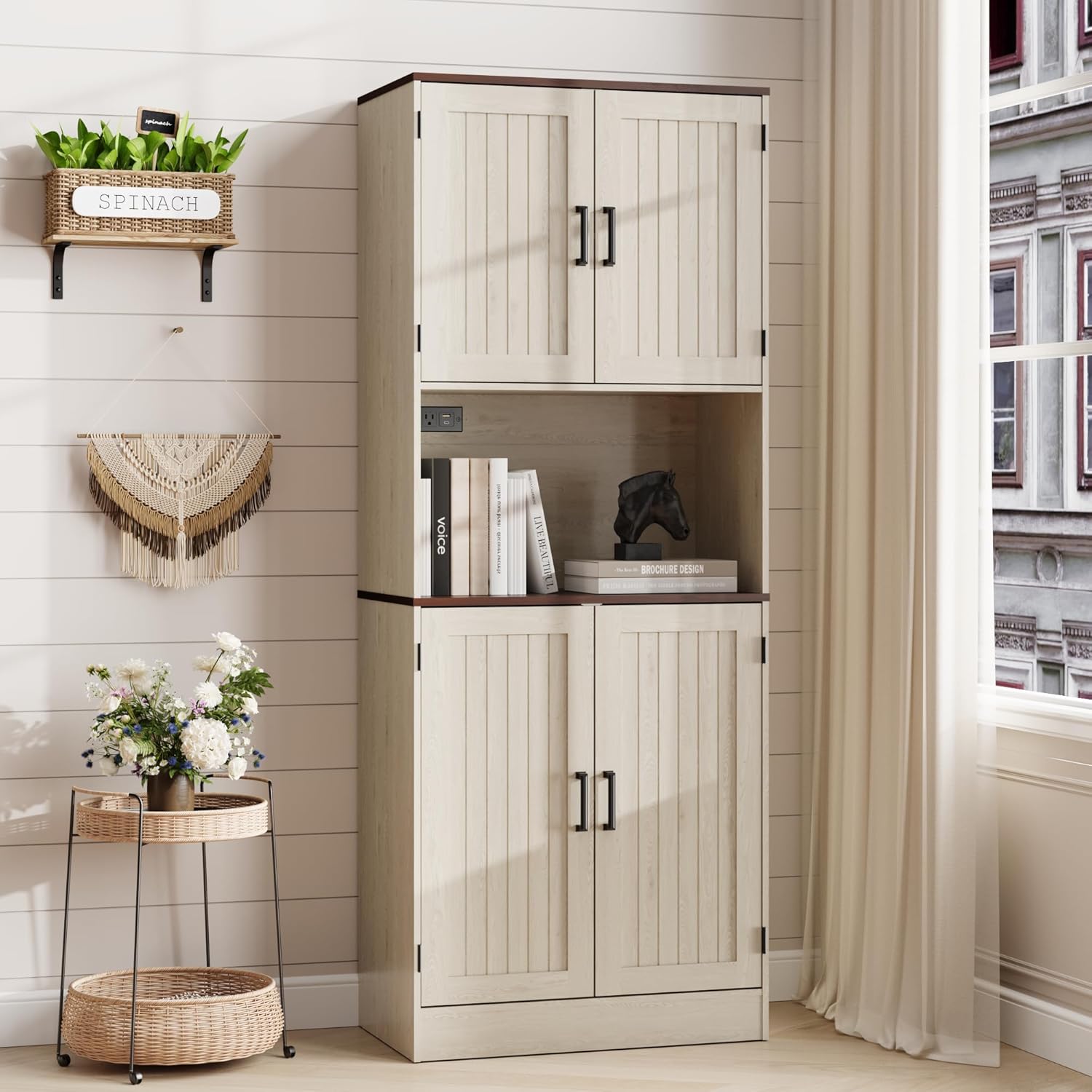 MHOM 71" Tall Pantry Cabinet with Charging Station, Farmhouse Kitchen Hutch with Adjustable Shelves, Modern Kitchen Pantry Storage Cabinet for Dinning Room & Living Room, Antique Oak