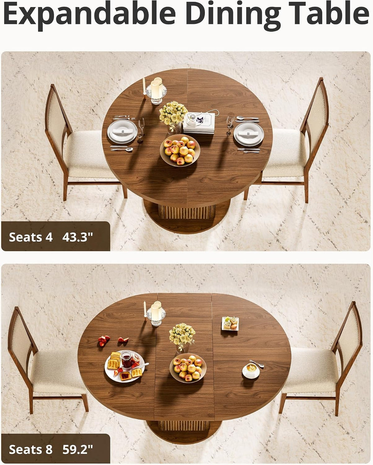 43"-59" Extendable Round Dining Table for 4-8 with Hidden Storage, Oval Dining Room Table with Removable Leaves, Modern Farmhouse Fluted Wood Kitchen Table for Living Room, Walnut