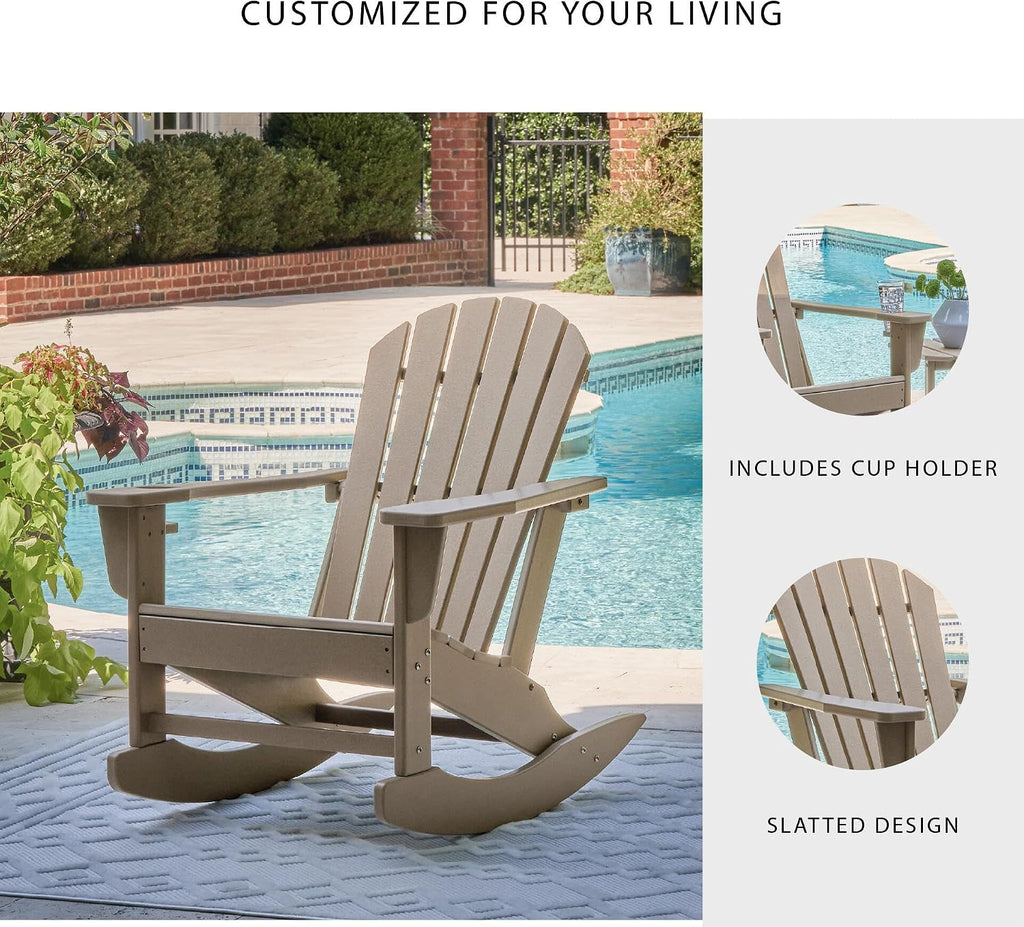 Signature Design by Ashley Sundown Treasure Cottage Weather Resistant Outdoor Rocking Chair with 1 Cup Holder, Light Brown