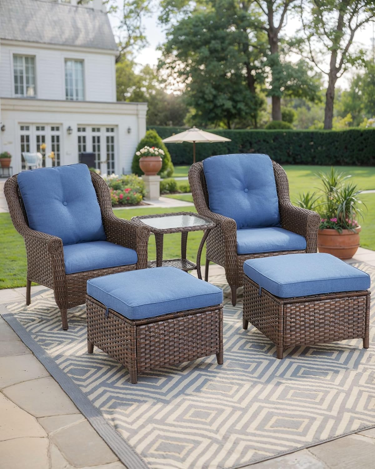 Patio Ottoman Outdoor Wicker Side Table - 2PCS Multipurpose Heavy Duty All-Weather Brown Rattan Extra Seating Bench Footrest Footstool for Garden Back Porch Poolside Apartment - Navy Blue