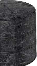 SIMPLIHOME Connor 18" Wide Round Pouf in Distressed Black Genuine Leather