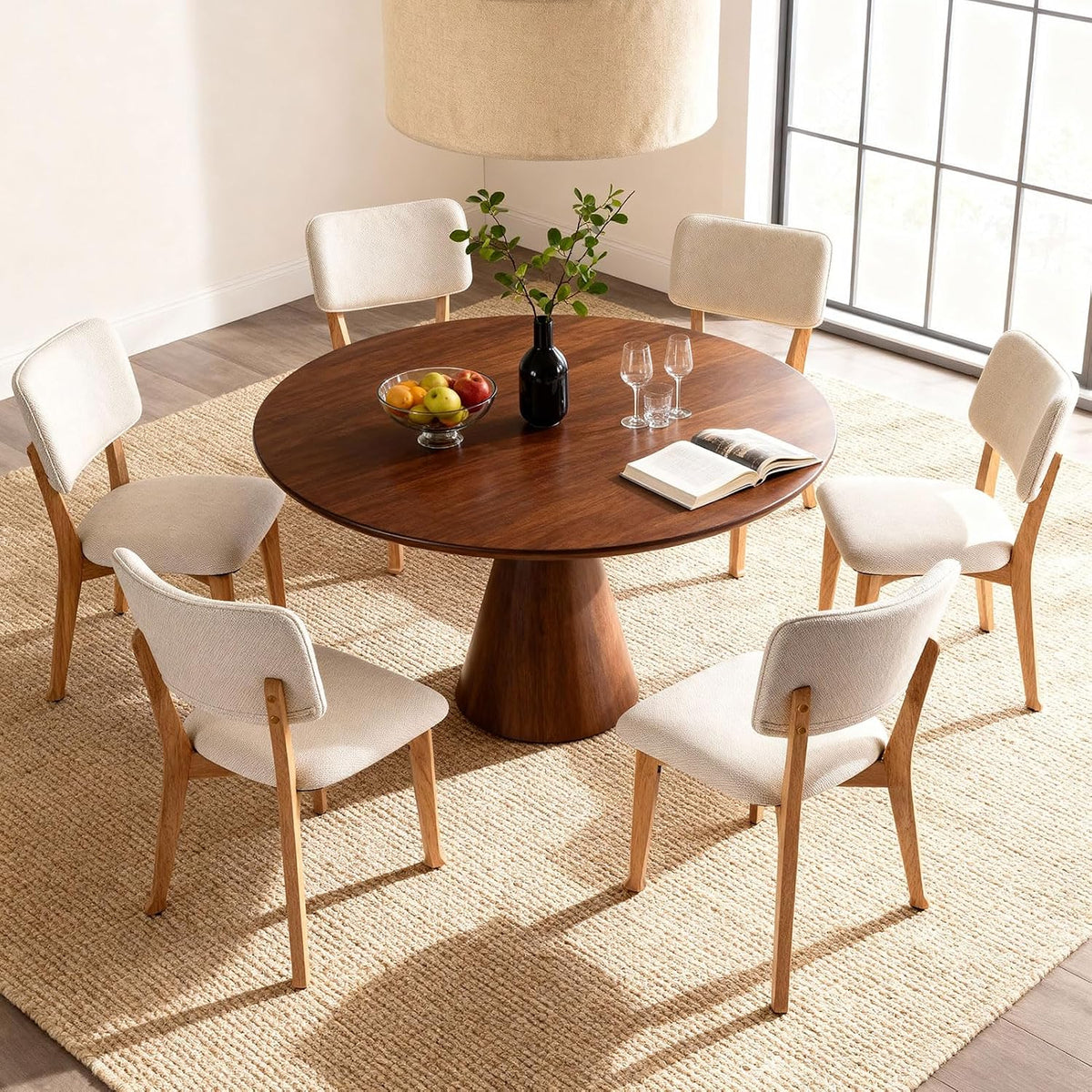 Wooden Dining Chairs Set of 2, Mid Century Modern Kitchen Chairs with Fabric Upholstered and Curved Backrest for Dining Room, Restaurant/Cafe, 300LBS Capacity, Natural