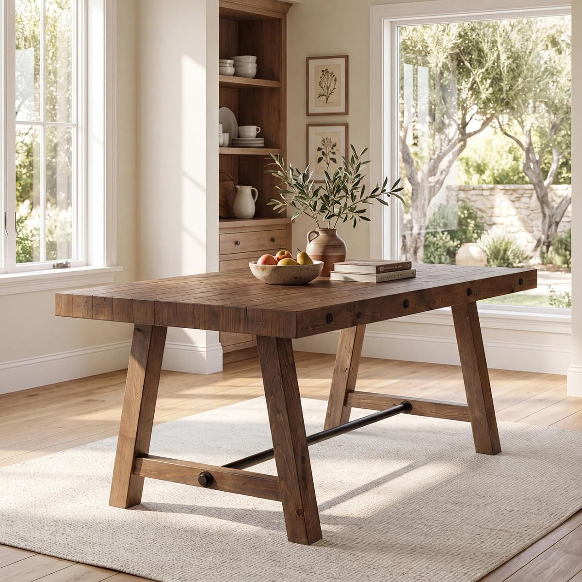 Rustic Farmhouse Dinning Table, Reclaimed Solid Wood Kitchen & Dining Room Table for 4-6 People, 59" Wooden Rectangular Kitchen Table with Trestle Base for Dining/Kitchen Room, Walnut