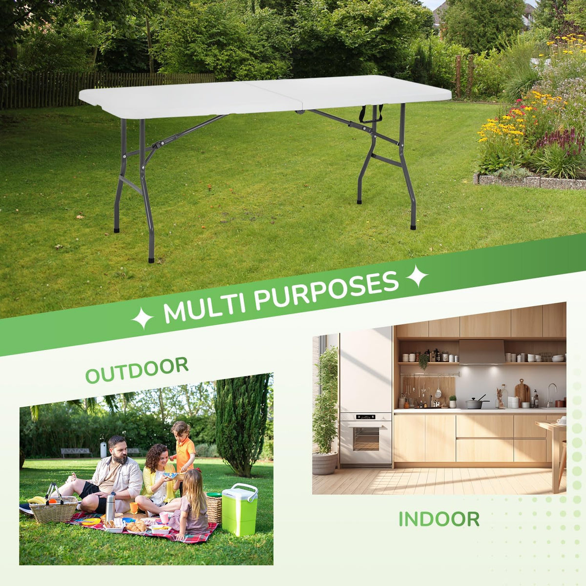 PayLessHere | 6FT Folding Table | Portable Plastic Table with Carry Handle | Waterproof & Foldable Table Design | Steel Frame with Lock | White | for Events, Camping, Indoor & Outdoor Use