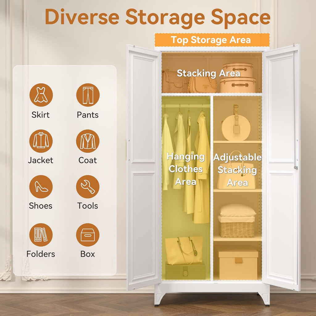 Polup 71" Tall Metal Armoire Wardrobe Closet with Doors and Lock | Wardrobe Cabinet, Hanging Rod, 3 Adjustable Shelves, Steel Clothing Storage Cabinet for Bedroom, Office, Employee, Gym, White