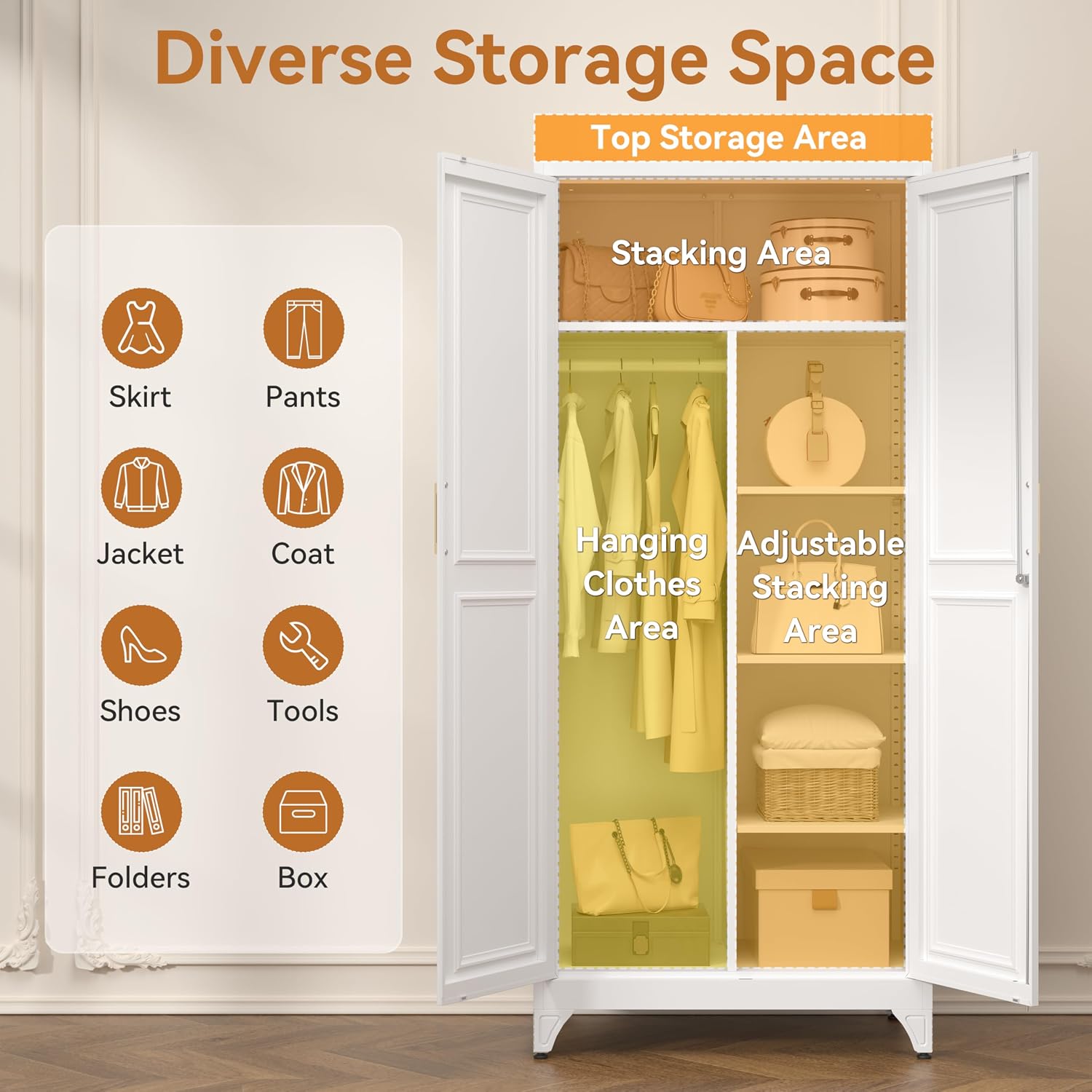 Polup 71" Tall Metal Armoire Wardrobe Closet with Doors and Lock | Wardrobe Cabinet, Hanging Rod, 3 Adjustable Shelves, Steel Clothing Storage Cabinet for Bedroom, Office, Employee, Gym, White