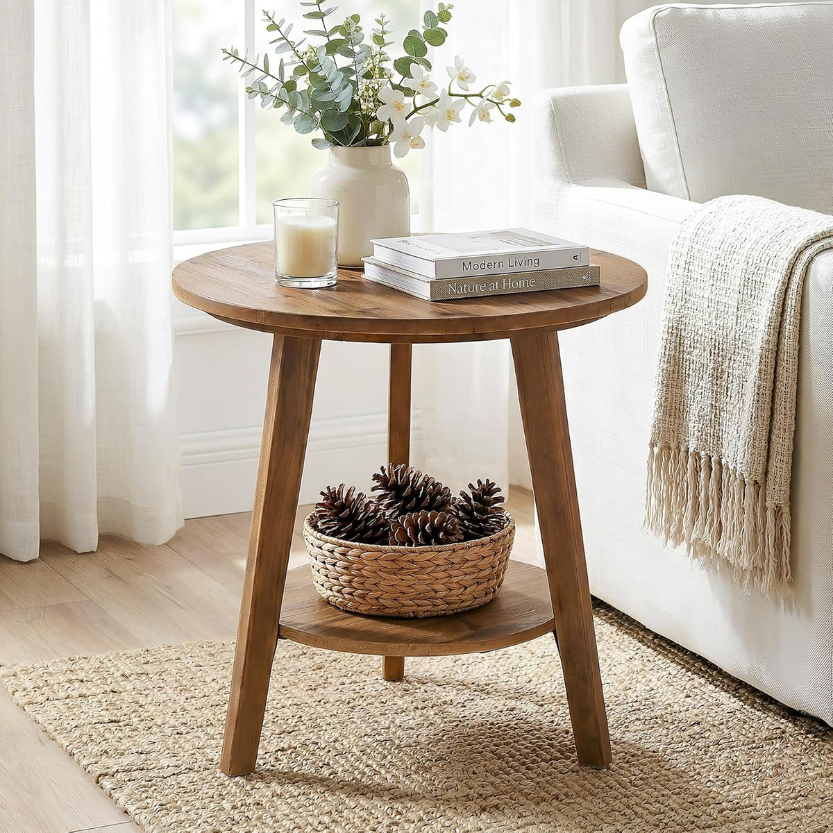 Tribesigns Solid Wood Round Side Table, 2-Tier Farmhouse End Table with Storage Shelf, Nightstand for Living Room, Bedroom, Easy Assembly (1)