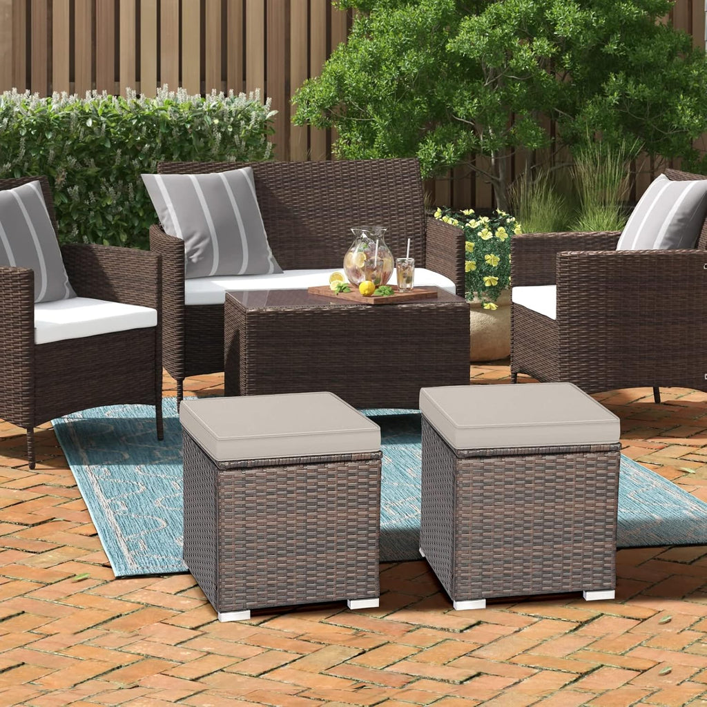 RELAX4LIFE Wicker Outdoor Storage Ottoman, 2-Piece Rattan Footstool w/Removable Cushion, Multipurpose Footrest Stool Side Table Additional Seating, Set of 2 Outdoor Ottomans for Patio Deck (Beige)