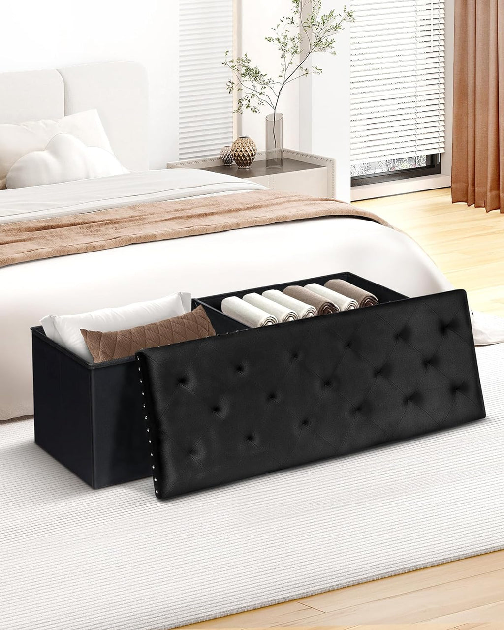 B FSOBEIIALEO Storage Ottoman Bench, 43" Velvet Ottoman with Storage, Black | 140L Large Storage Space, Tufted Foldable Long Storage Bench for Bedroom , Living Room, Entryway, End of bed