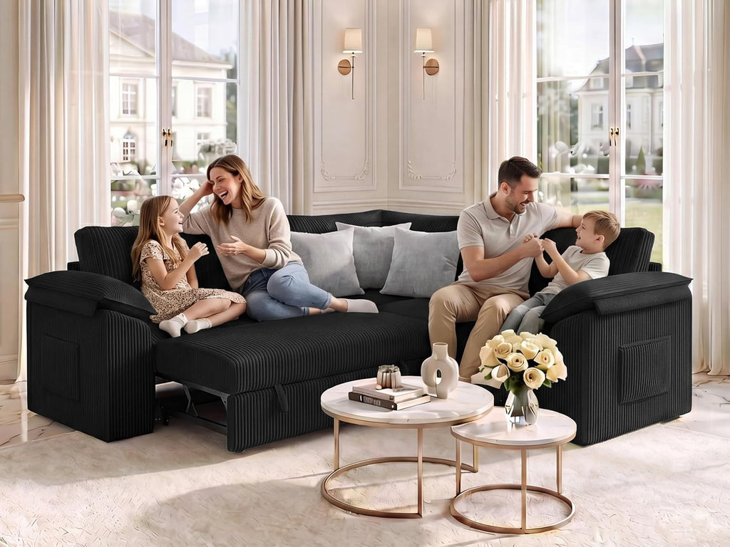 85 In L Shaped Modular Sectional Sofa Couch for Living Room, Black | Pull Out Sleeper Bed, 5 Seat Modular Design, Hidden Storage Space, Soft Corduroy Fabric, Removable Covers, Easy Assembly
