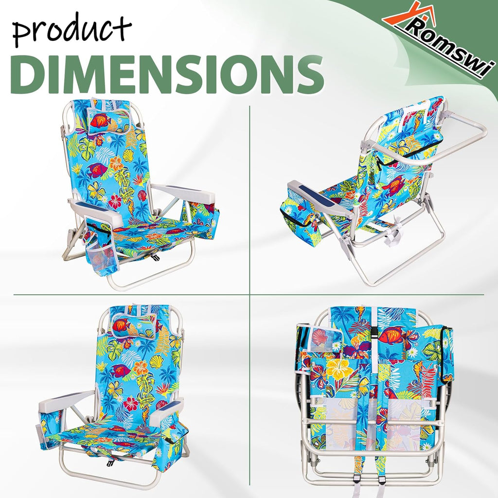 2Pk Aluminum Extra Wide 5-Position Lay Flat Folding Backpack Beach Chairs for Adults, with Cooler Bag, Cup&Phone Holder, Towel Bar for Outdoor Lawn Picnic Sport, Portable Camping Chairs,Tropical Print