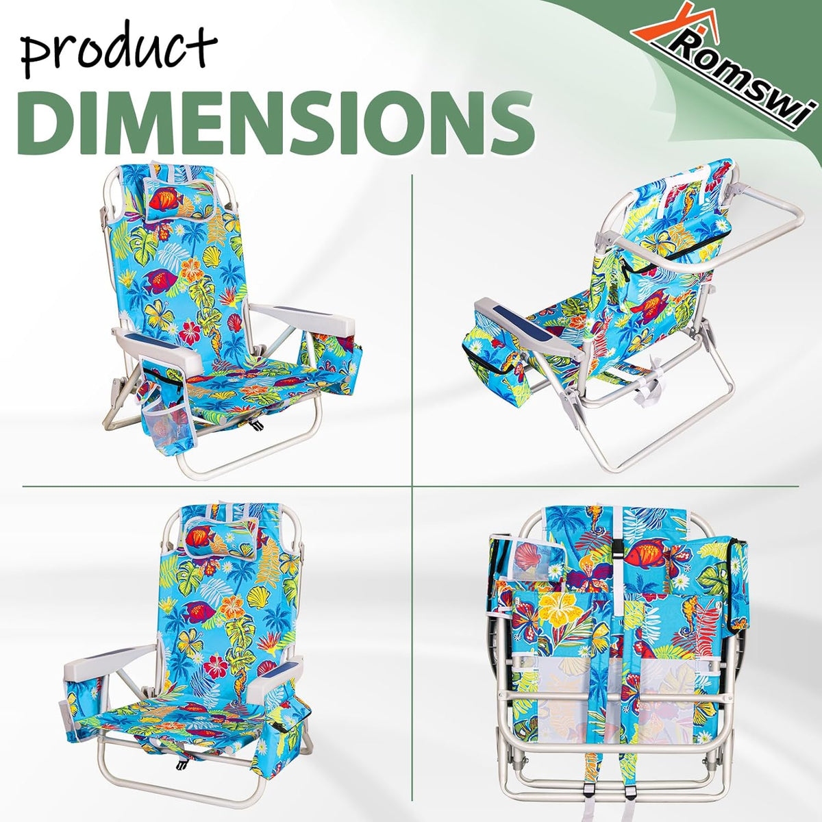 2Pk Aluminum Extra Wide 5-Position Lay Flat Folding Backpack Beach Chairs for Adults, with Cooler Bag, Cup&Phone Holder, Towel Bar for Outdoor Lawn Picnic Sport, Portable Camping Chairs,Tropical Print