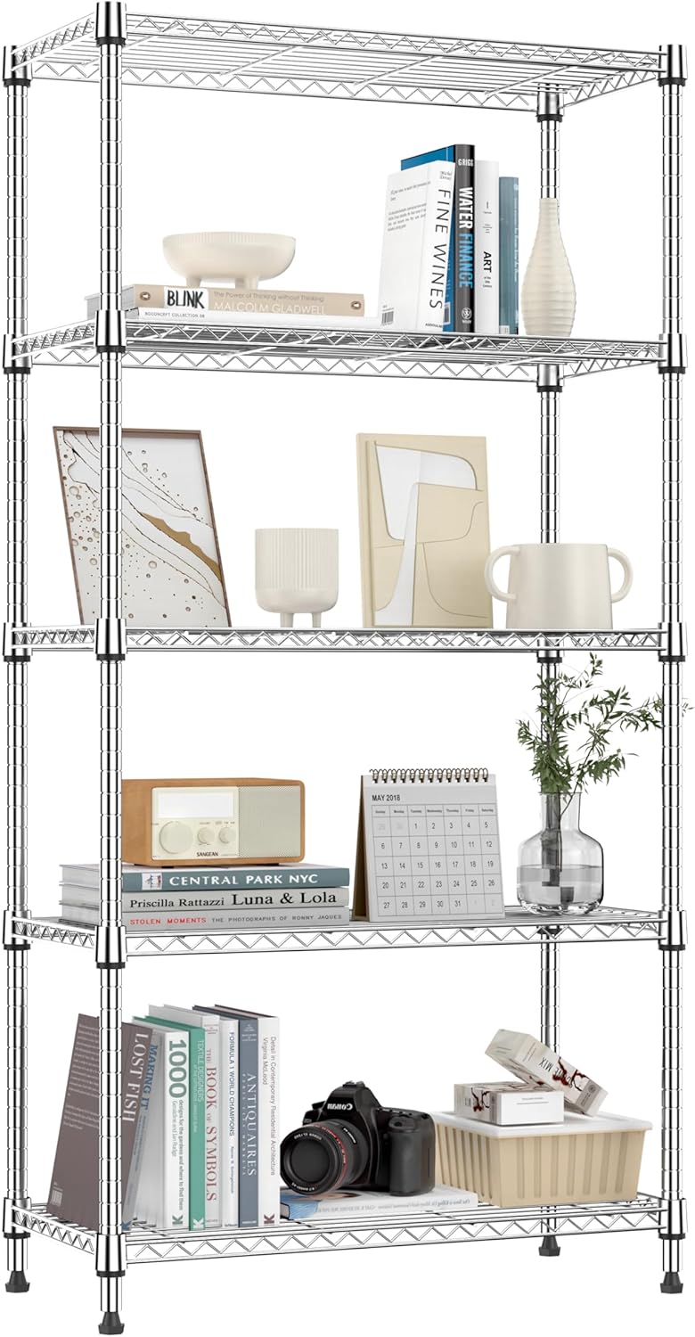 M MZG 1250 lbs 5 Tier Shelf Metal Storage Shelves Shelving Wire Rack Heavy Duty Closet Organizers for Garage Kitchen Bathroom Laundry Chrome 13.8" D x 29.5" W x 59.5" H