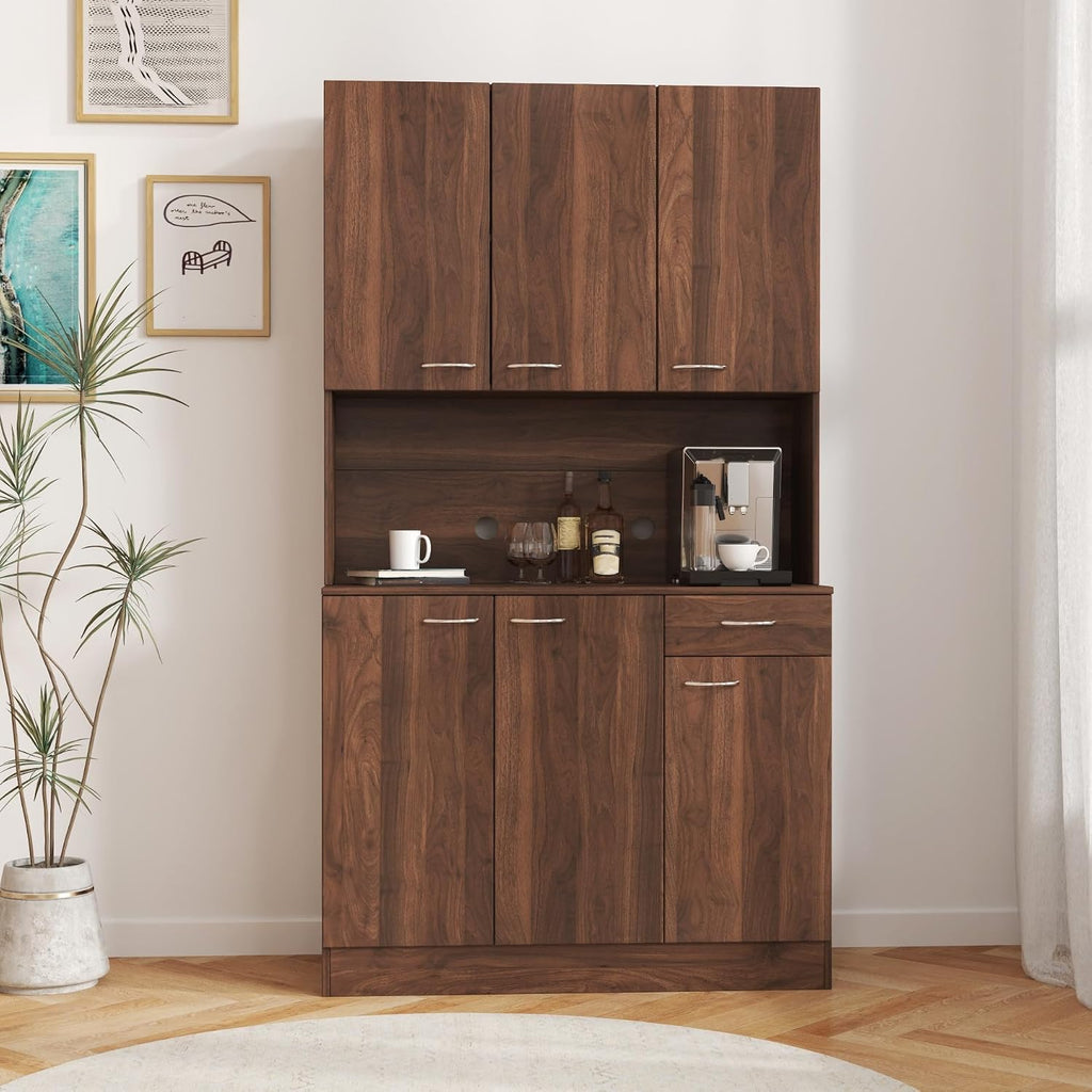ZeHuoGe 70.86" Tall Pantry Cabinet with 6-Doors, 1-Open Shelves and 1-Drawer for Dining Room,Large Kitchen Hutch,Coffee Bar Station,Kitchen Storage Cabinet (Dark Walnut)