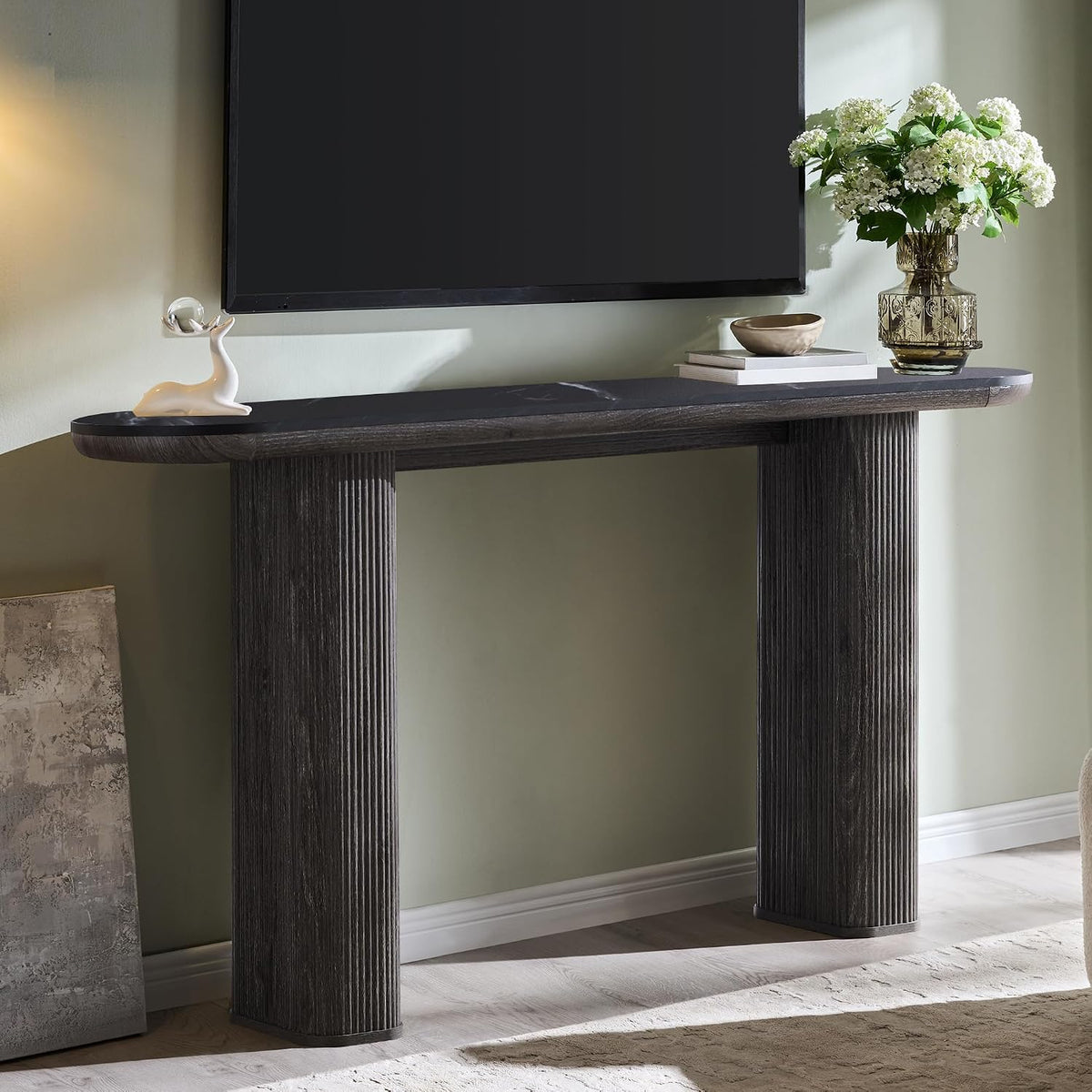 OKD 63" Modern Console Table with Arc Faux Marble Texture Top, Fluted Wood Base, Contemporary Entryway Sofa Table for Living Room, Hallway, Foyer, Dark Alder