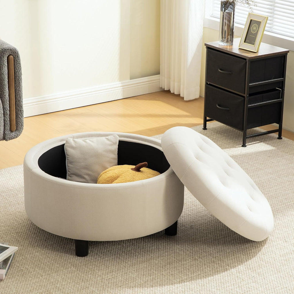 Round Storage Ottoman 29.33" with Reversible Lid - Fleece Fabric Upholstered Hand-Pulled Buckle Decoration Footstool, Storage Stool for Living Room, Bedroom, Office (Beige)
