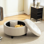 Round Storage Ottoman 29.33" with Reversible Lid - Fleece Fabric Upholstered Hand-Pulled Buckle Decoration Footstool, Storage Stool for Living Room, Bedroom, Office (Beige)