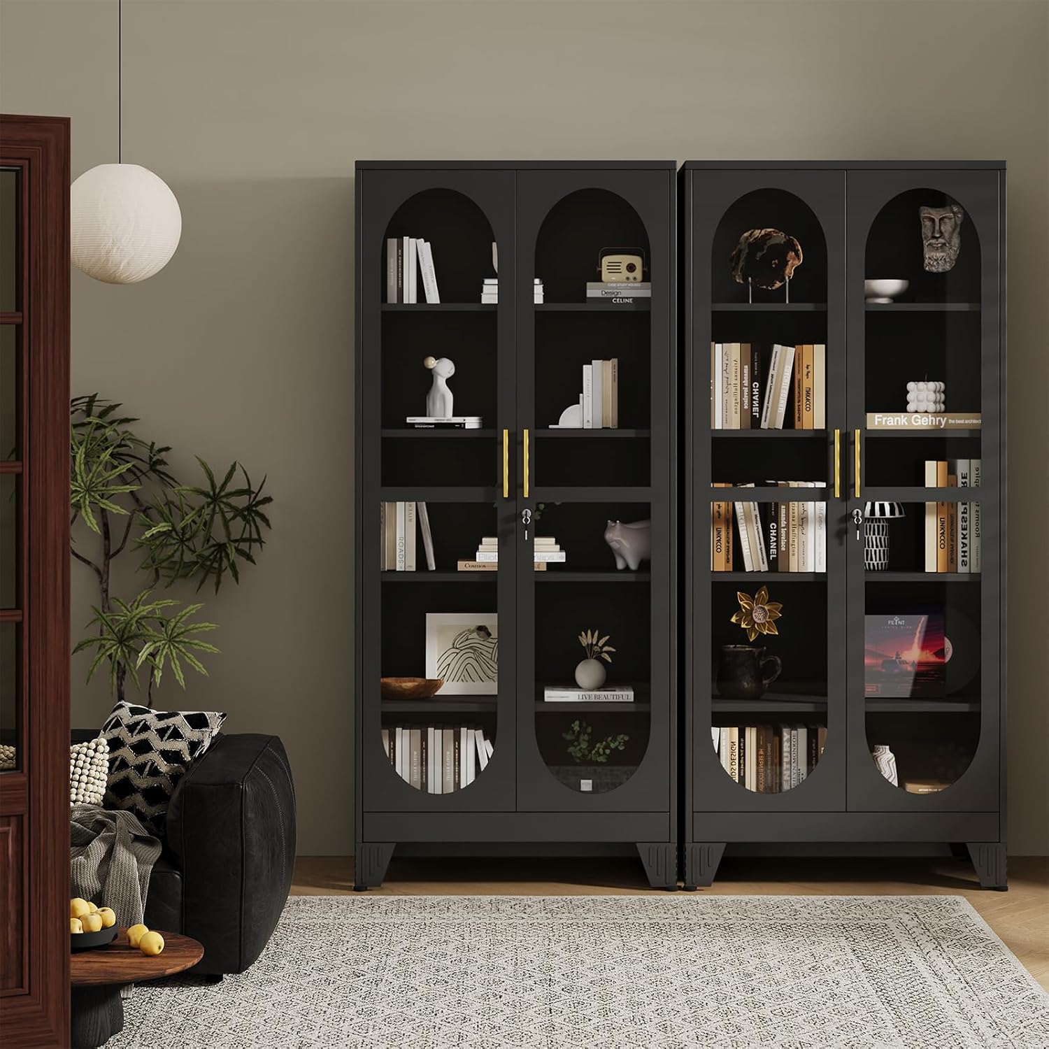 PAOFIN 71" H Locking Display Cabinet with Glass Door, Metal Curio Cabinets with 4 Adjustable Shelves, Tall Liquor Cabinet Display Case for Living Room, Collectibles, Home - Assembly Required Black