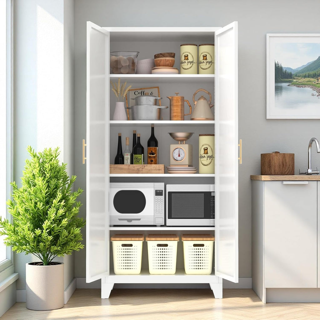 71'' Tall Kitchen Pantry Cabinet, Metal Storage Cabinet with 2 Doors and 4 Adjustable Shelves, Metal Pantry Cabinet with Lock for Dining Room, Living Room,White