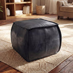 Leather Ottoman,Handmade Stuffed Square Ottoman,Genuine Leather Pouf, Foot Rest Pouf,Comfortable Soft Seating for Living Room & Bedroom (Black, Square)