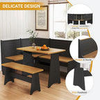 Breakfast Nook Set 3-4 Seat L-Shaped with Hidden Storage - Space Saving Corner Kitchen Dining Table & Bench Set - Farmhouse Family Home Wood Black